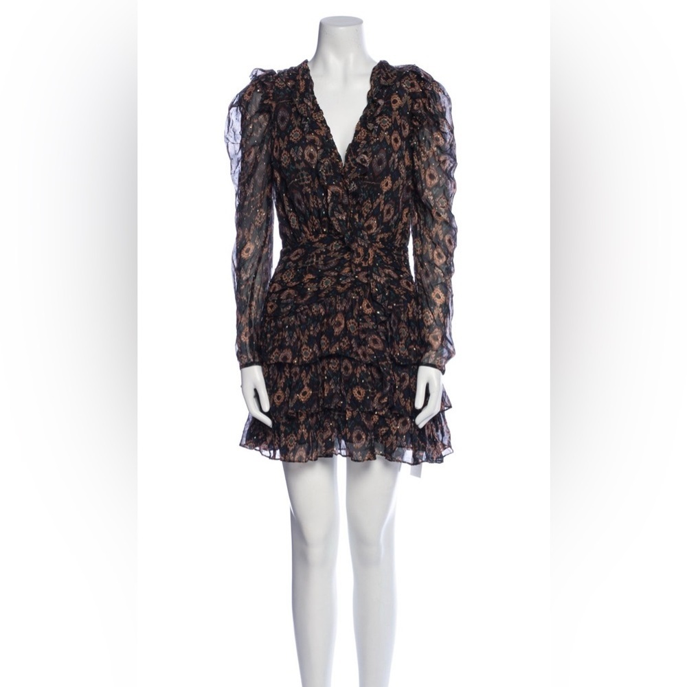Ulla Johnson Silk Blend Ruffle Mini Dress SZ 2 Black Brown - Picture 3 of 9